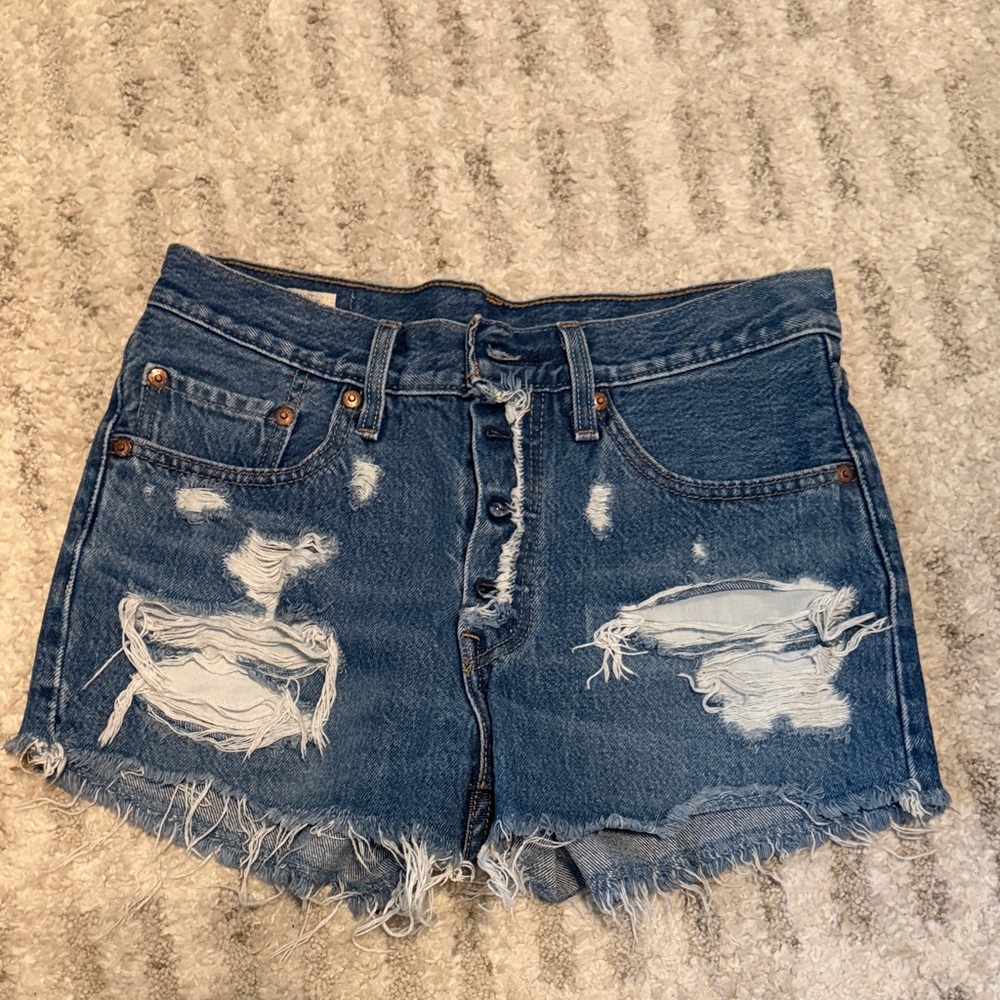 Levi's Dark Blue Distressed Denim Cutoff Shorts